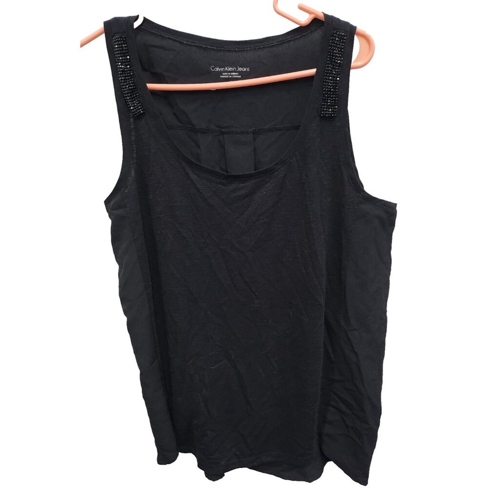 Calvin Klein Jeans Tank Top Womens Medium Black Beaded Grunge Whimsygoth Casual